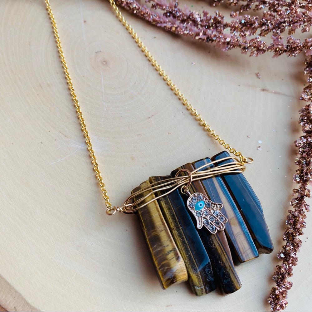 Tiger Eye Bar Gold Necklace Fatima Hamsa Hand